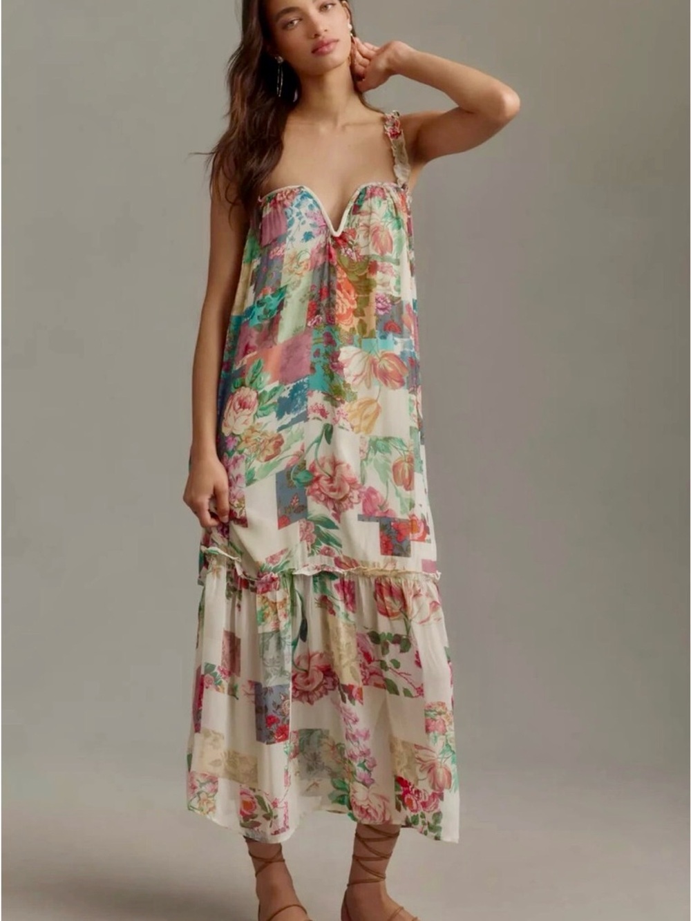 Anthropologie Cream Multi Floral Patchwork Maxi Dress